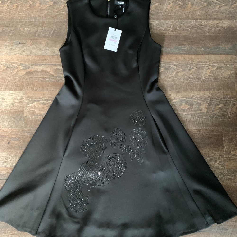 DKNY Black Sleeveless Fit & Flare Dress Size 6~New w/Tags~embellished MSRP $129